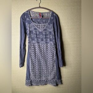 Johnny Was Slate Blue Appliqué Embroidery Eyelet Lace Long Sleeve Sheer Dress XS